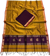 Casual Yellow Silk - Cotton Saree with Dark Purple Work - Saree - Aakritee - S10597